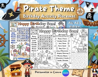 Napperon d'activité sur le thème des pirates / Fête d'anniversaire / Feuille à colorier / Modifiable / Imprimable / L'équipage de Jake et l'équipage du Pays Imaginaire