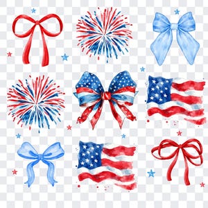 May include: A collection of watercolor illustrations featuring red bows, light blue bows, patriotic bows with stars and stripes, red and blue firework bursts, and waving American flags, all accented with small scattered red and blue stars.