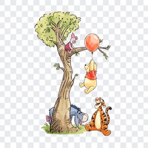 May include: A watercolor-style illustration featuring a tall tree with a small pink piglet sitting on a branch. A yellow bear in a red shirt hangs from a red balloon tied to the tree, while a blue donkey and an orange tiger sit below.