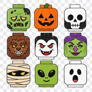 May include: A collection of nine square toy figure heads featuring various Halloween-themed characters including a zombie, pumpkin, skull, werewolf, vampire, witch, mummy, alien, and ghost, all displayed in a three-by-three grid layout.