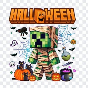 May include: A graphic illustration featuring the text HALLOWEEN with a blocky mummy character in the centre. Surrounding elements include a spider, cobwebs, bats, a ghost, a skull, black cats, orange pumpkins, a potion bottle, a knife, and a cauldron.