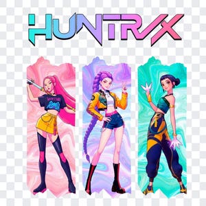 May include: Digital illustration featuring three stylized female figures. The figures are set against colorful, abstract backgrounds. The text "HUNTRAX" is displayed above them. Each figure is dressed in a unique outfit, with vibrant colors and modern designs.