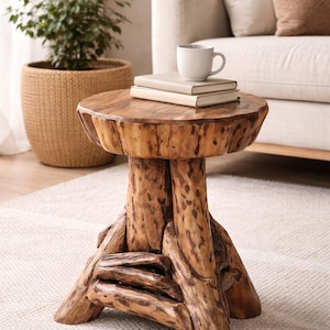 May include: A rustic wooden side table with a natural tree-trunk design. The table has a round top and three sturdy legs. A white mug and two books rest on the tabletop. The table is approximately 50 cm in height.