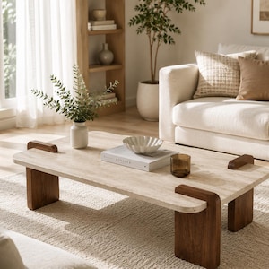 Travertine Coffee Table, Walnut Wood Legs, Scandinavian Minimalist Center Table