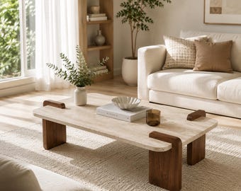 Travertine Coffee Table, Walnut Wood Legs, Scandinavian Minimalist Center Table