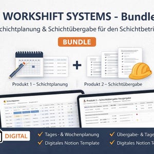 Könnte beinhalten: Grafik eines digitalen Bundles für WORKSHIFT SYSTEMS. Das Bild zeigt einen Kalender, einen Stift, Dokumente, einen Bauhelm und zwei Tablets mit Daten. Das Bundle beinhaltet eine digitale Notion-Vorlage.