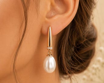 Boucles d'oreilles pendantes fines perle en or rose, boucles d'oreilles de mariée minimalistes, bijoux de mariage, élégantes boucles d'oreilles pendantes en perles, cadeau de demoiselle d'honneur pour elle