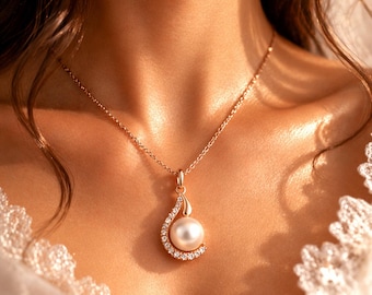 Collier de perles de mariée en or rose avec des touches de zircon, bijoux de mariage minimalistes pour la mariée, cadeau de demoiselle d'honneur, cadeau de bijoux raffinés intemporels