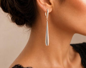 Boucles d'oreilles pendantes en or rose, boucles d'oreilles longues, boucles d'oreilles minimalistes modernes, boucles d'oreilles géométriques élégantes, boucles d'oreilles pour tous les jours, cadeau pour elle