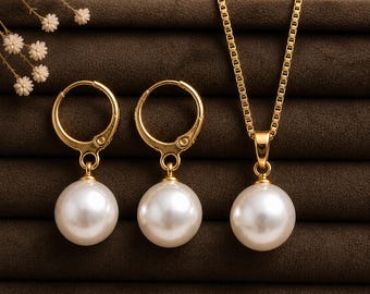 Ensemble de bijoux en perles fines, collier en or jaune et boucles d'oreilles, bijoux de mariée élégants, bijoux de mariage minimalistes, cadeau de demoiselle d'honneur pour elle