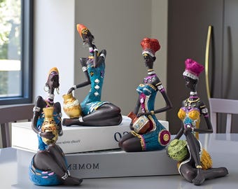 Handcrafted African Woman Resin Figurine Set, Ethnic Home Decor