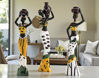 Handcrafted Resin African Woman Statues, Tribal Home Decor Set