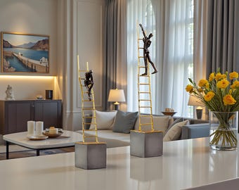 Climbing Man Ladder Sculpture, Modern Gold Shelf Decor, Abstract Art