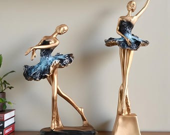 Gold Ballerina Sculpture, Modern Art Deco, Blue Tutu