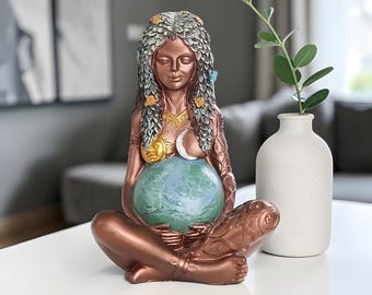 Bronze Earth Goddess Figurine – Mother Holding Vibrant World Globe, Home Décor