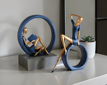 Abstract Woman Sculpture Set: Blue Gold Figurines, Modern Reading Lady Statue