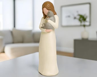 Woman Holding Cat Figurine | Minimalist Sculpture | Cat Lover Gift | Decorative Statue