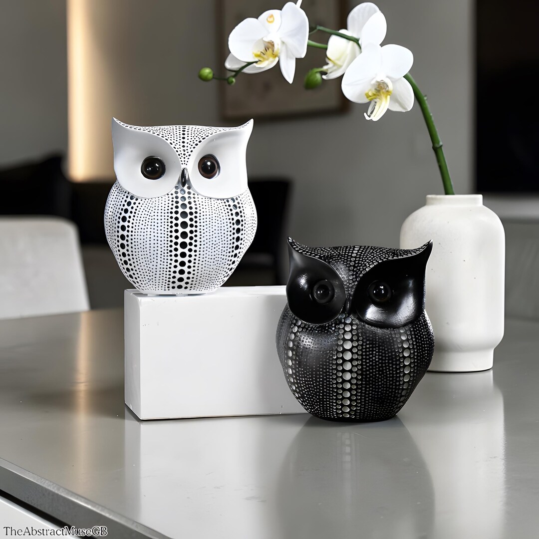 Black and White Owl Figurine Set Modern Home Decor Owl Statue Abstract ...