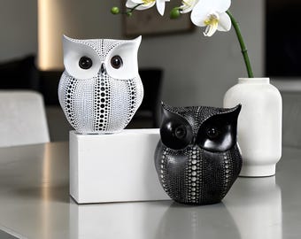 Black White Owl Sculptures, Abstract Dotted Modern Home Decor Set