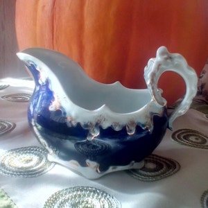 Vintage French Provence Style Blue ~ White ~ Gold Creamer or Gravy boat