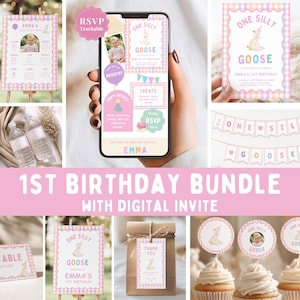 Op de afbeelding: Een 1e verjaardagsset met een digitale uitnodiging, mijlpaalbord, cupcake toppers, waterfleslabels en cadeaulabels. Het ontwerp bevat een gansillustratie, pastelkleurige vichy-ruitranden en de tekst One Silly Goose.