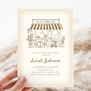 Peut inclure: Une carte d'invitation rectangulaire avec un fond crème et des rayures verticales beige clair. La carte présente un dessin au trait marron d'une devanture de café intitulée Sarah's Bebe Cafe, invitant à un brunch pour Sarah Johnson.