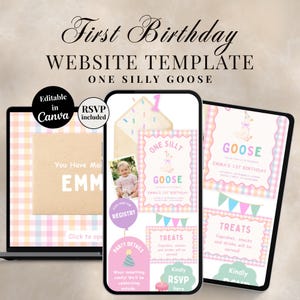 One Silly Goose Birthday Website Template Girl, Digital Invite, RSVP Digital Website Canva Template, One Silly Goose Invitation