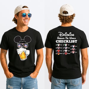 May include: Black t-shirt with a Mickey Mouse graphic wearing sunglasses and holding a beer. The back displays "Drinking Around The World CHECKLIST" and country flags. A novelty t-shirt, perfect for a themed event or holiday.