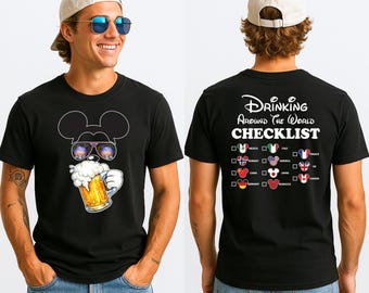 Lista de verificación para beber cerveza, vino y Minnie de Mickey y Minnie por todo el mundo (anverso y reverso), camiseta para beber por todo el mundo en Epcot, camisetas para parejas de Disney
