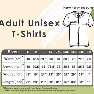 Photo is showing size chart of adult unisex t-shirts.