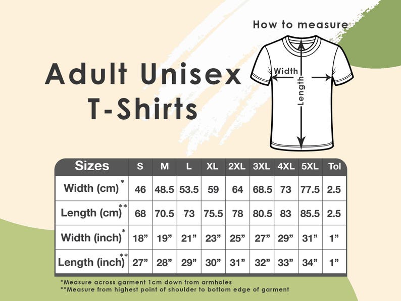 Photo is showing size chart of adult unisex t-shirts.