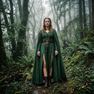 Cloaked Lace-up Maxi Dress, Medieval Style Women Gown, Belted Fantasy Outfit, Renaissance Inspired Clothing, Dramatic Long Cloak Costume