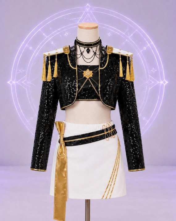 K-Pop Inspired Costume, Black Gold Sequin Stage Outfit, K-Pop Concert Cosplay Costume, Korean Idol Style Performance Costume, K-Pop Fan Gift