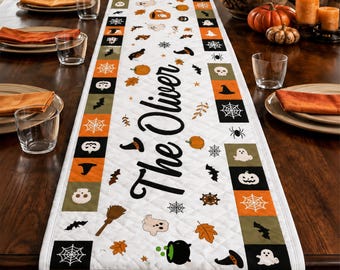 Halloween Quilted Table Runner, Custom Family Name Table Runner, Spooky Halloween Home Decor, Fall Autumn Dining Runner, Halloween Gift