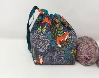Sock Sack. Two at a Time sock knitting bag. Deluxe Project Bag with built in yarn organisation. Fox fabric