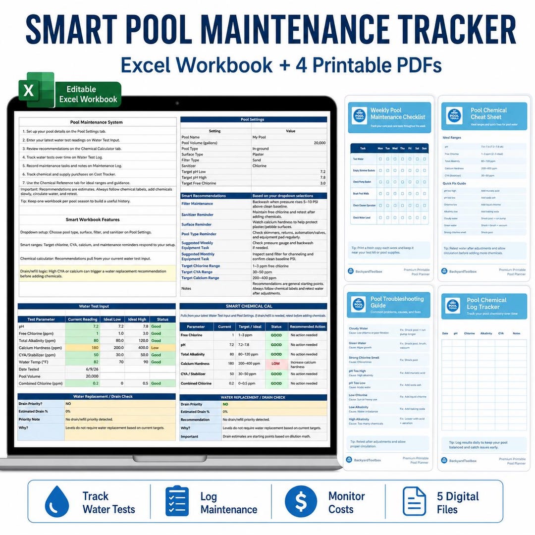 Smart Pool Maintenance Tracker Excel Bundle | Pool Chemical Log, Weekly ...
