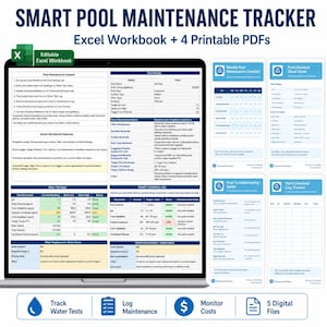 Smart Pool Wartung Tracker Excel Bundle | Pool Chemikalien Tagebuch, wöchentliche Checkliste, Pool Pflege System, Anleitung zur Fehlersuche, Digitaler Download