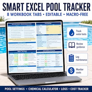 Puede incluir: Un portátil plateado que muestra una hoja de cálculo Smart Excel Pool Tracker con secciones para ajustes de piscina, pruebas de agua, cálculos químicos y registros de mantenimiento, junto a cuatro iconos para seguimiento, guías y costes.