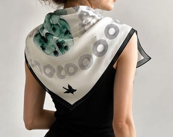 Luxury 100% Mulberry Silk Scarf 35 In,White Green Abstract Print,Gift for Women