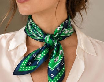 Elegant 100% Mulberry Silk Scarf, 25” Square Green Silk Bandana Scarf, Gift for Her