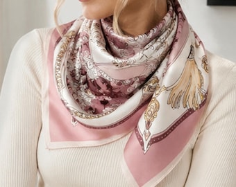Romantic Gift for Her, Mulberry Silk Scarf (35in) with Floral Garden Design, Elegant Women's Neck Wrap for Mom Birthday