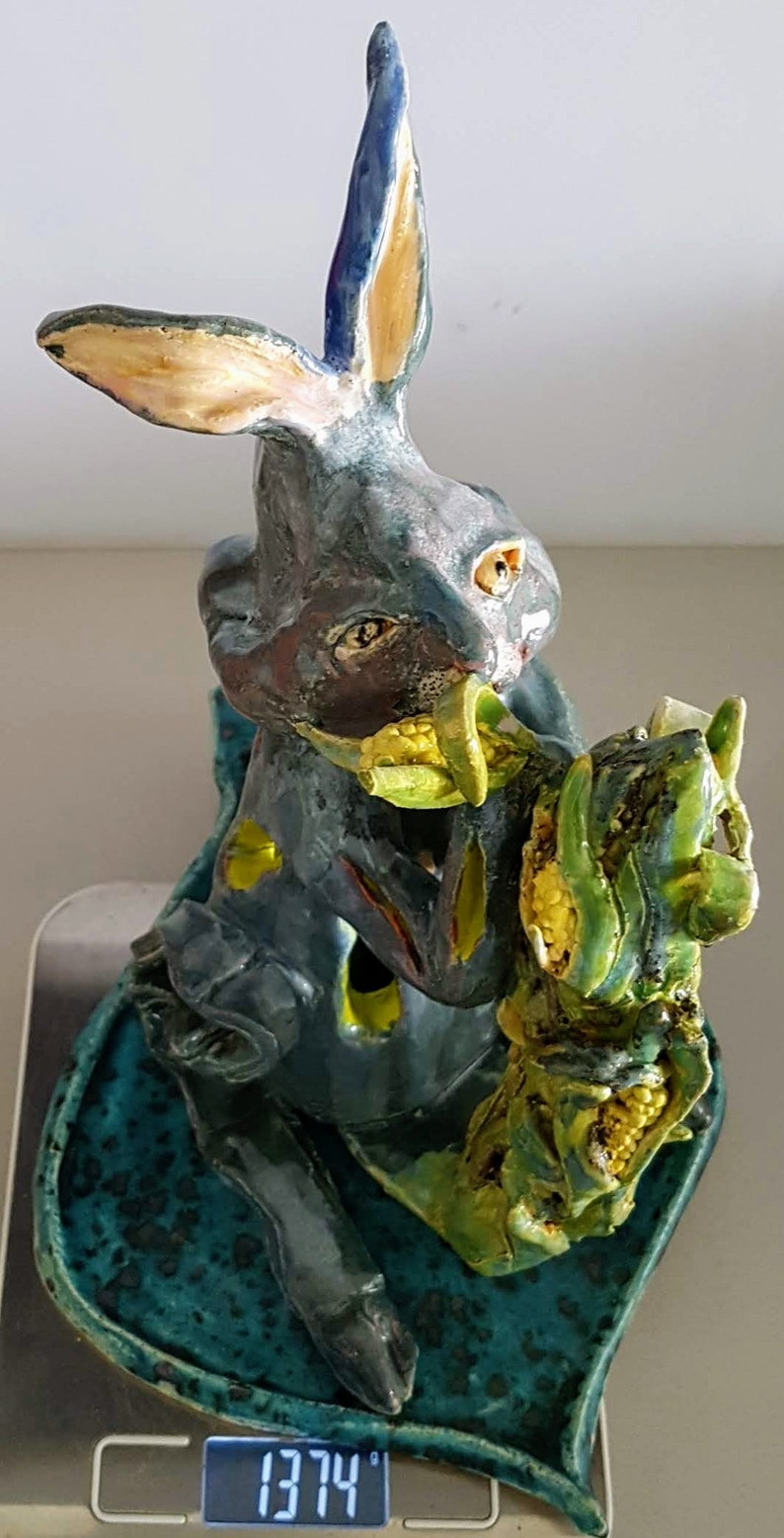 Hare and corn. Folklore sculpture animal. Ceramic handmade and image 5