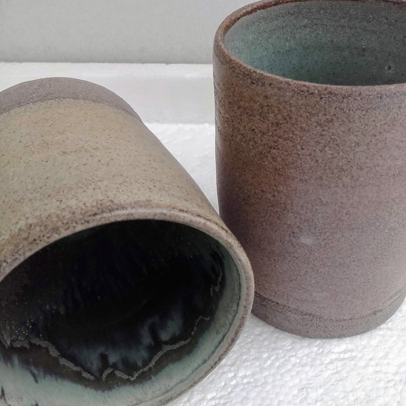 Handmade mugs no handle. Colors are yellowish brown outside image 3