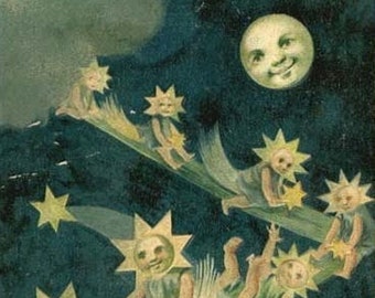 Vintage Moon and Stars Whimsical Illustration Digital Download