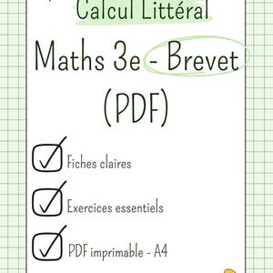 以下が含まれることがあります： 「Calcul Littéral」と「Maths 3e - Brevet」という緑色のタイトルが付いた白いPDFドキュメント。ドキュメントには、「Fiches claires」、「Exercices essentiels」、「PDF imprimable - A4」というフレーズを含むチェックリストが含まれています。画鋲とテープで装飾されています。