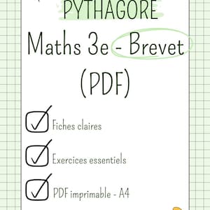 Peut inclure: Un document PDF blanc intitulé "PYTHAGORE Maths 3e - Brevet". Le document comprend une liste de contrôle avec les phrases "Fiches claires", "Exercices essentiels" et "PDF imprimable - A4". Décoré d'épingles et de ruban adhésif coloré, c'est une ressource mathématique.