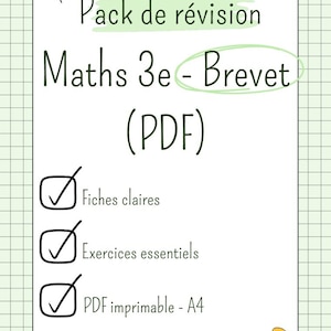 Könnte beinhalten: Ein weißes Papier mit dem Text "Pack de révision Maths 3e - Brevet (PDF)" und Häkchen neben "Fiches claires", "Exercices essentiels" und "PDF imprimable - A4". Das Papier ist mit einem Rastermuster und Reißzwecken verziert.