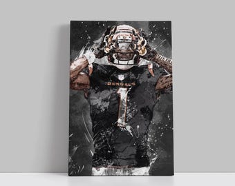 Póster de Ja'Marr Chase de los Cincinnati Bengals, lienzo, arte de pared de fútbol americano, jugador de la NFL, impresión en lienzo enmarcada, decoración deportiva para el hogar, A24, regalo de cumpleaños