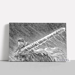 May include: Black and white manga-style illustration on canvas of a warrior with a large sword. The artwork features detailed linework and shading, conveying a sense of action and strength. The canvas is displayed on a white wall.