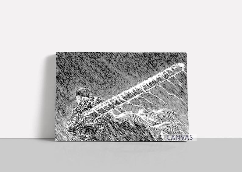 May include: Black and white manga-style illustration on canvas of a warrior with a large sword. The artwork features detailed linework and shading, conveying a sense of action and strength. The canvas is displayed on a white wall.